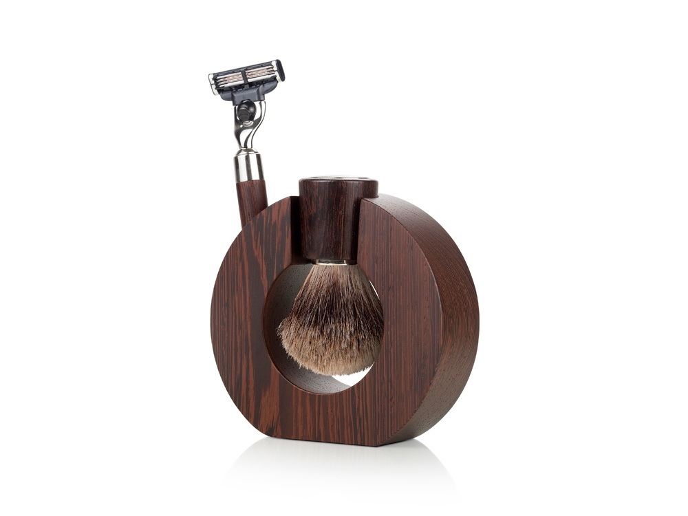Бритвенный набор Mondial: станок, помазок, подставка; дерево Венге