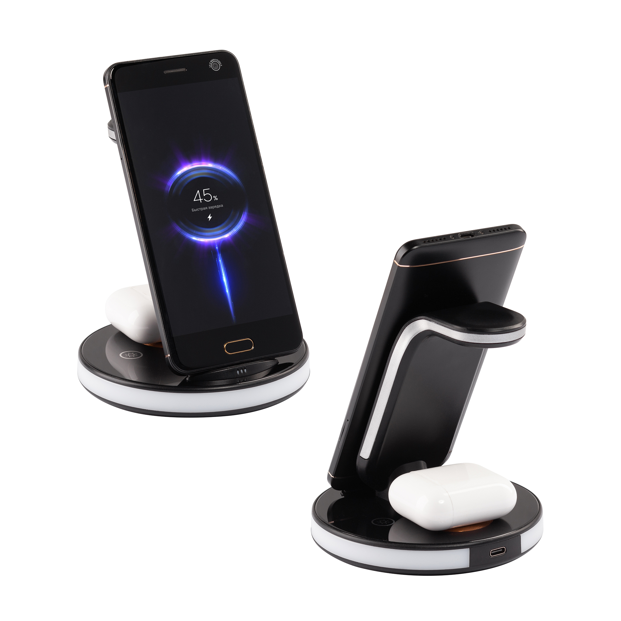 Беспроводная (15W) зарядная станция "Tron" с прозрачным корпусом и подсветкой фото на сайте Print Logo.