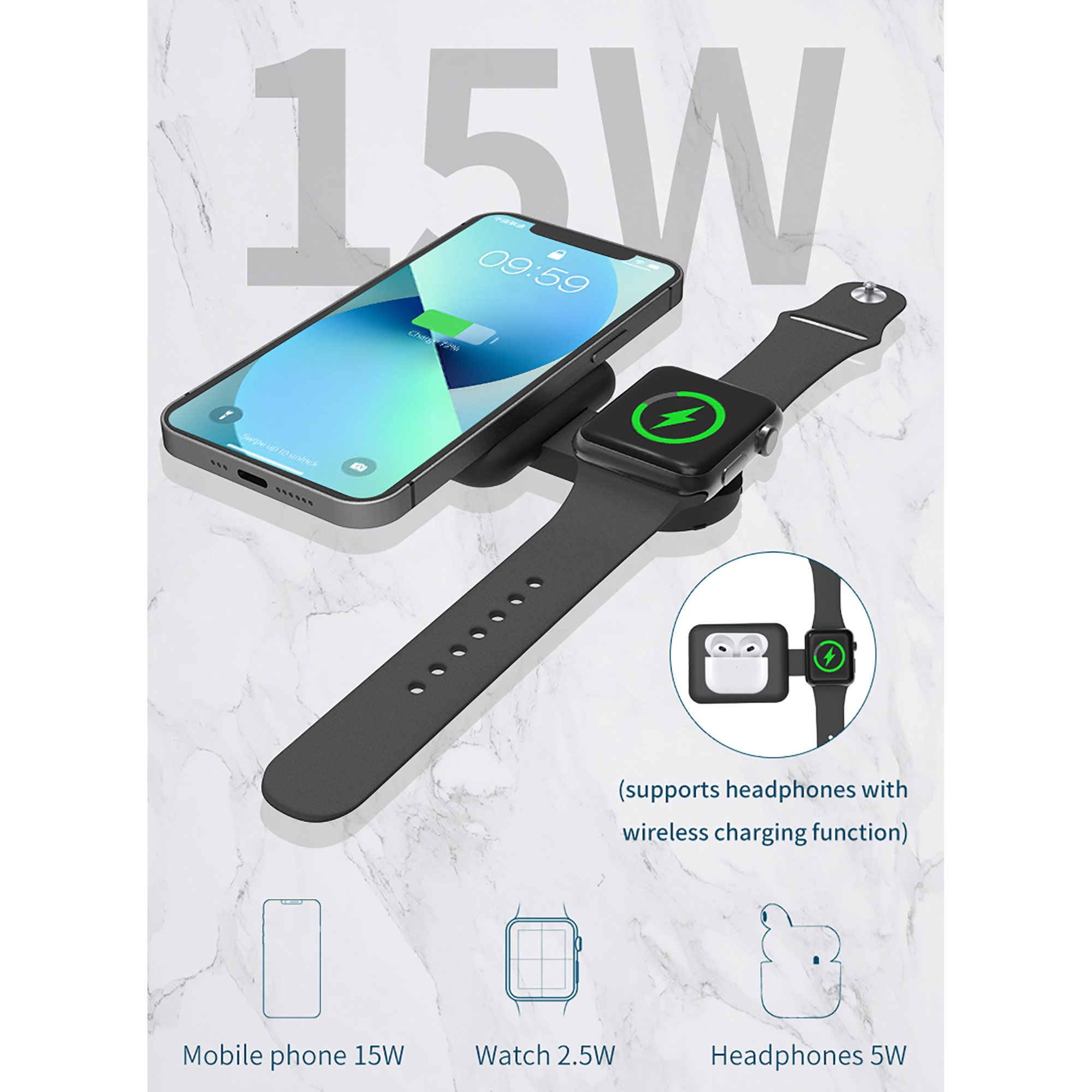 Складная беспроводная (15W) зарядная станция "I-Fold" для смартфона, часов/наушников фото на сайте Print Logo.