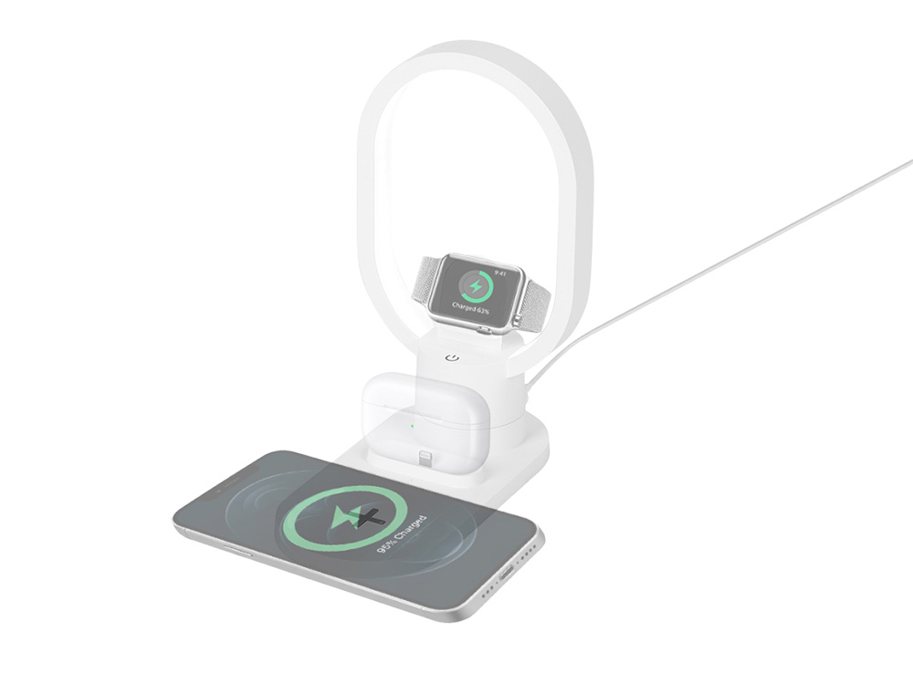 Беспроводная зарядная станция 4-в-1 Portal c лампой, 15 Вт с логотипом Evolt | Print Logo