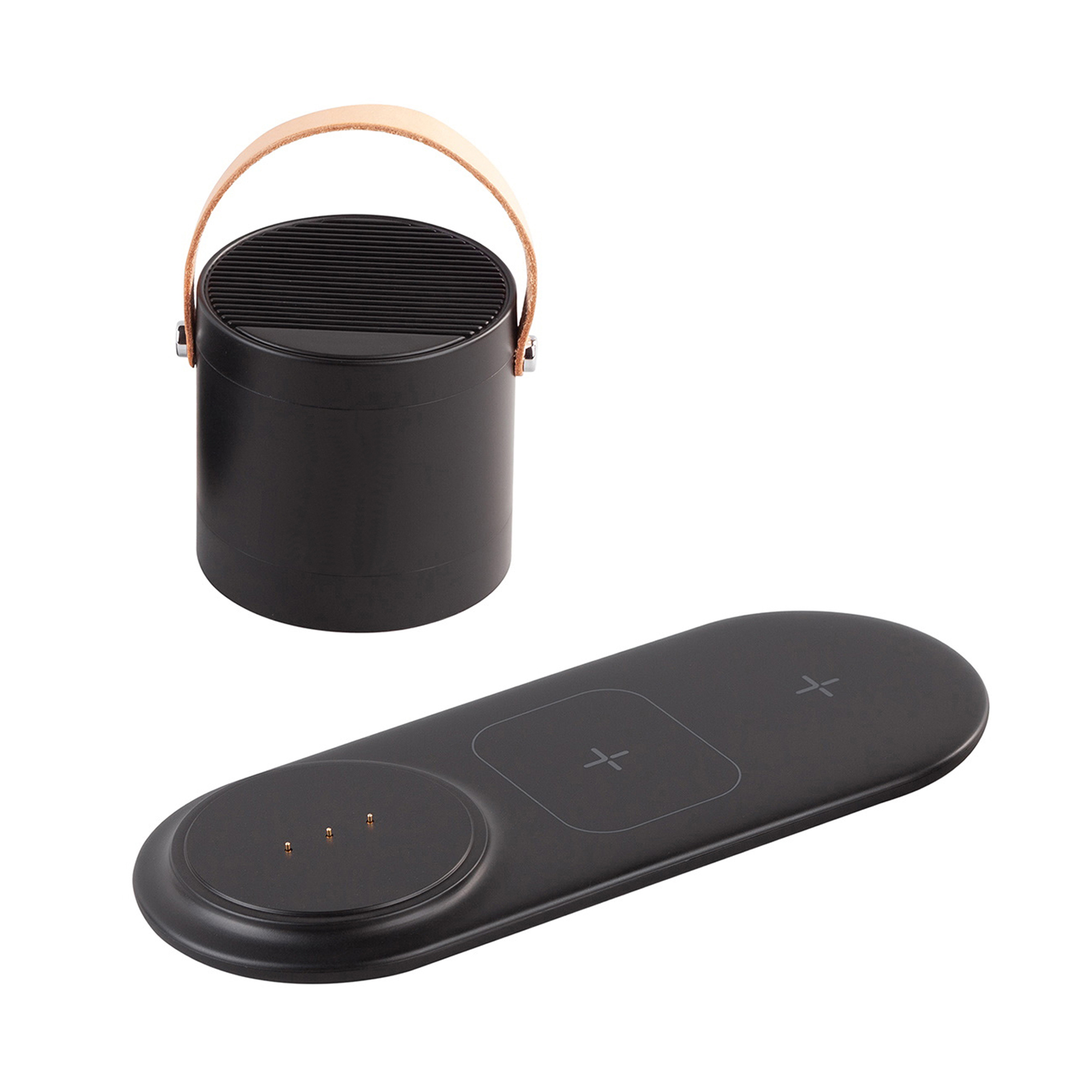 Настольная беспроводная (15W) зарядная станция "Blacksmith" с bluetooth колонкой с подсветкой логотипа фото на сайте Print Logo.