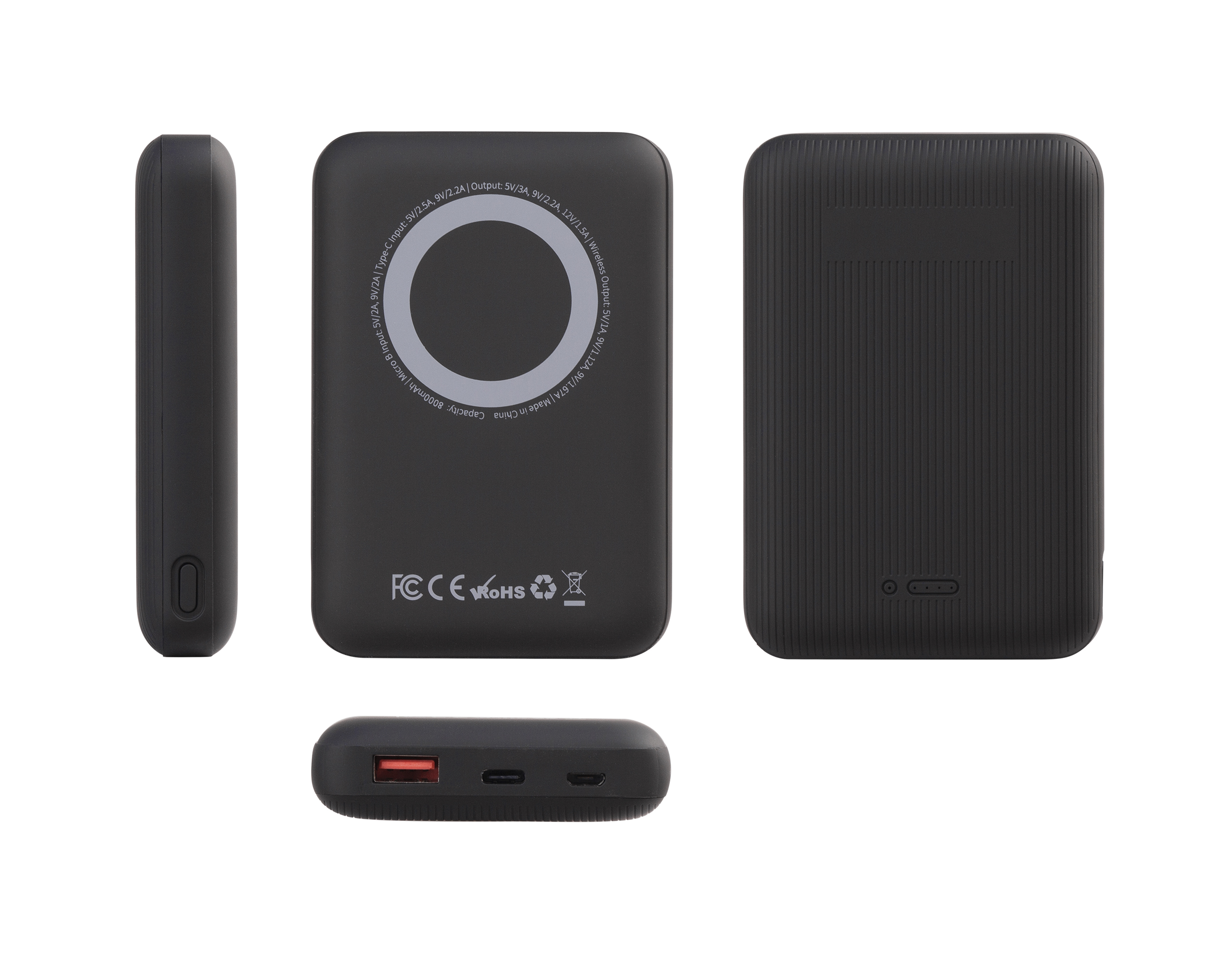 Беспроводное магнитное ЗУ "Forsage SOFTTOUCH", 8000 mAh с быстрой проводной (20W) и беспроводной (15W) зарядкой, покрытие soft touch, черный