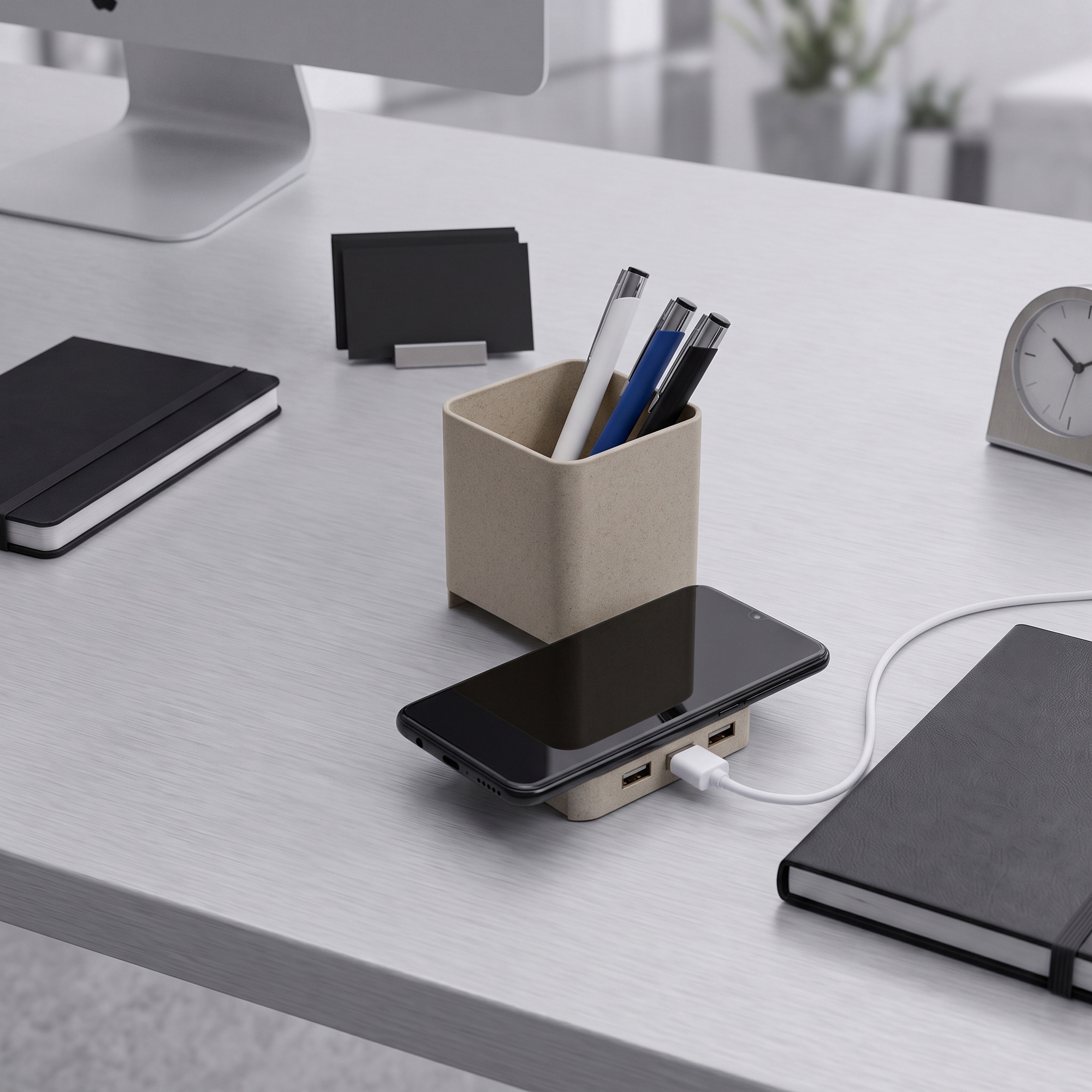 Настольный органайзер Cubic с функциями USB-хаба и беспроводной зарядки с логотипом  | Print Logo