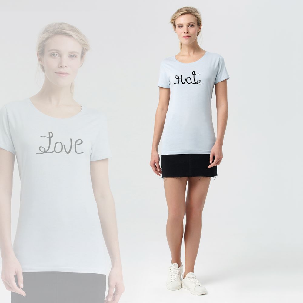 Футболка женская Hate-Love — пример нанесения логотипа (Ловец слов) | Print Logo