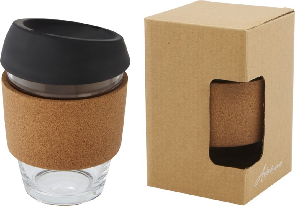 Стеклянный стакан с силиконовой крышкой и пробковой манжетой Lidan с логотипом Avenue | Print Logo