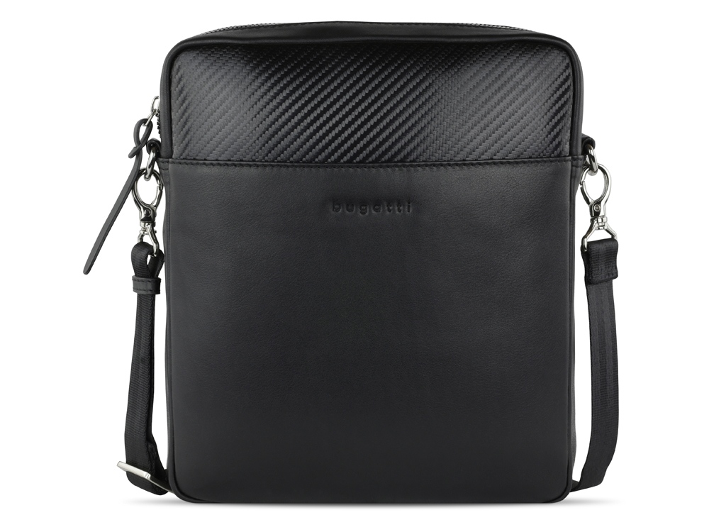 Сумка наплечная мужская BUGATTI КОМЕТА | COMET, чёрная, воловья кожа/полиэстер, 23,5х5х26 см