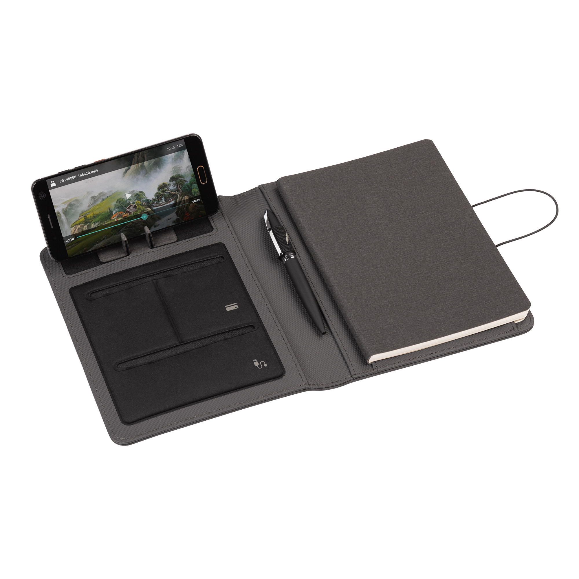 Папка А5 с беспроводным (10W) ЗУ 5000 mAh, с функцией MagSafe, сенсорным дисплеем с подсветкой логотипа и блокнотом фото на сайте Print Logo.