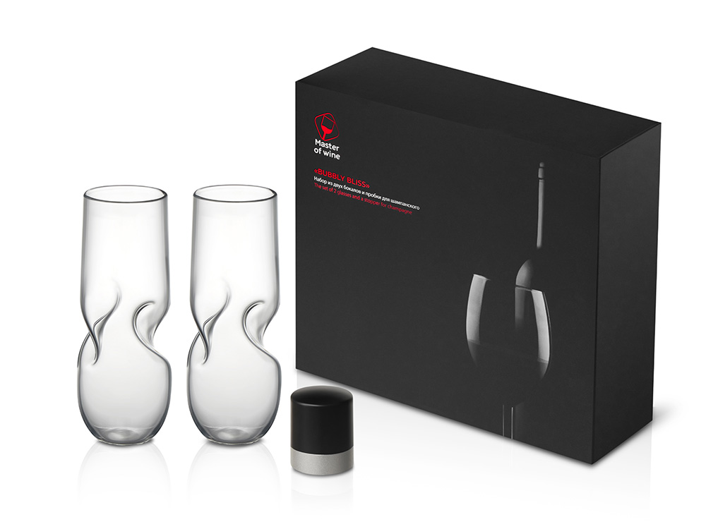Набор из двух бокалов и пробки для шампанского Bubbly Bliss с логотипом Master of Wine | Print Logo