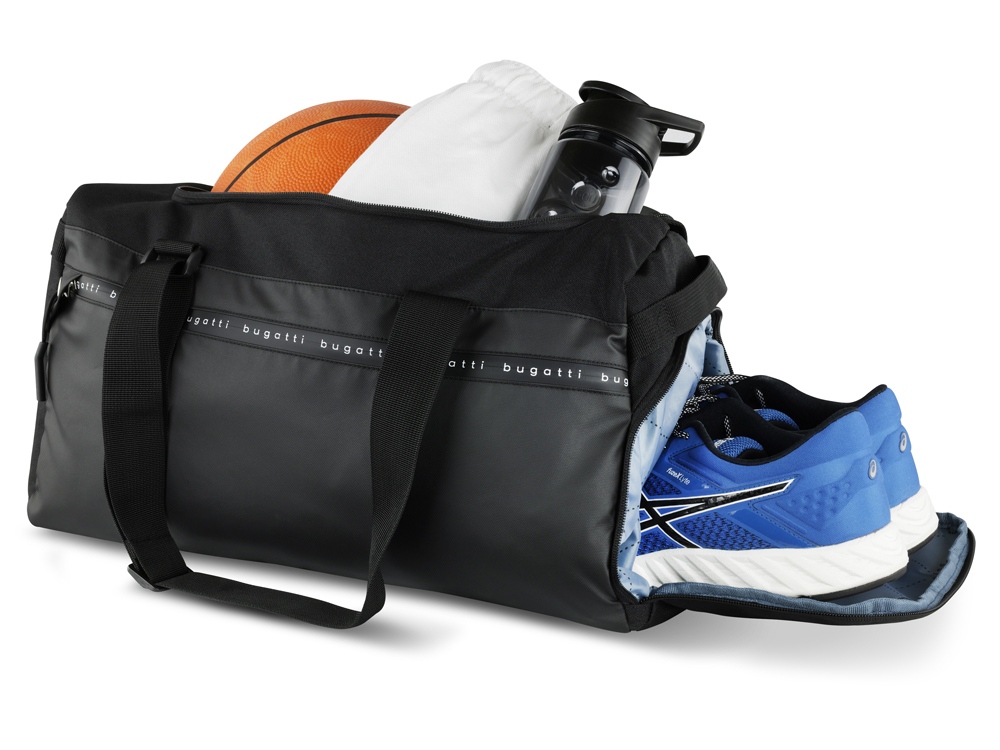 Сумка спортивная BUGATTI БЛАНК ОБЛЕГЧЕННАЯ | BLANC DELIGHT, чёрная, нейлон RPET600D/тарпаулин/полиэстер, 47х23х28 см, 22 л