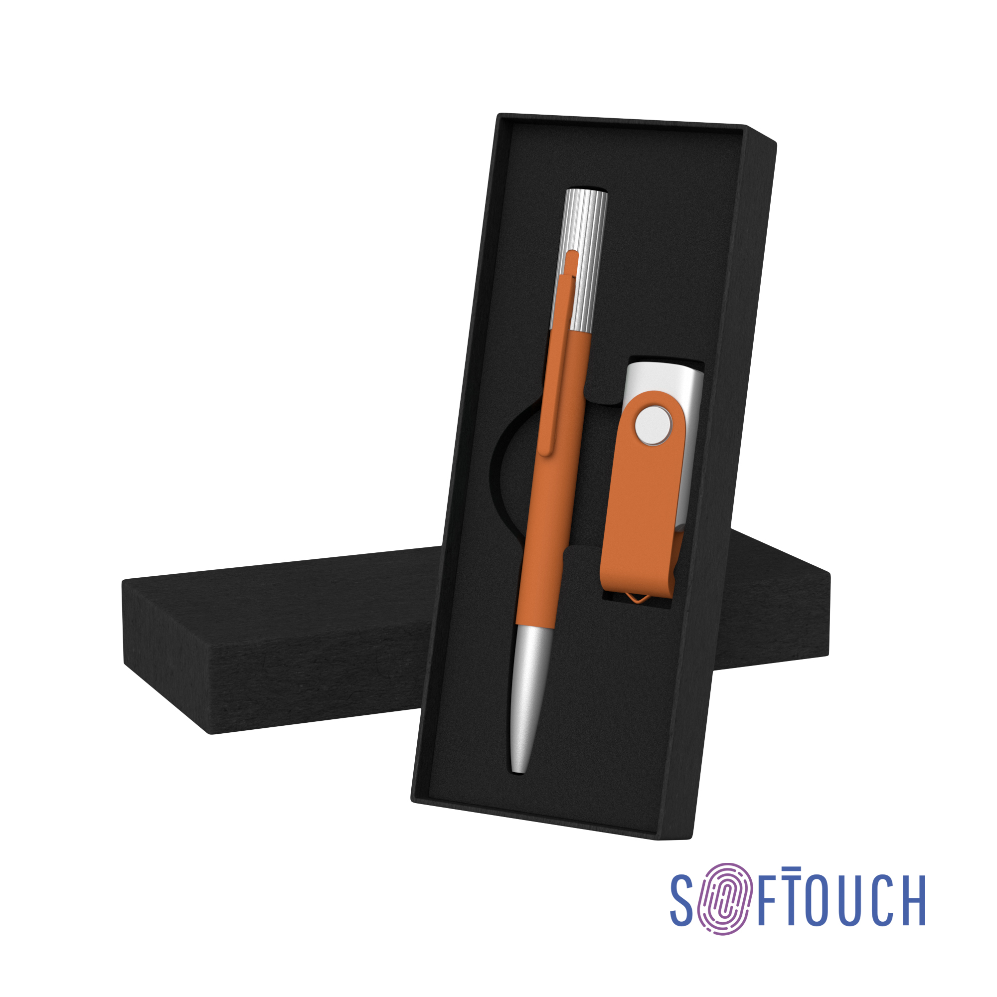 Набор ручка "Clas" + флеш-карта "Vostok" 16 Гб в футляре, оранжевый, покрытие soft touch фото на сайте Print Logo.