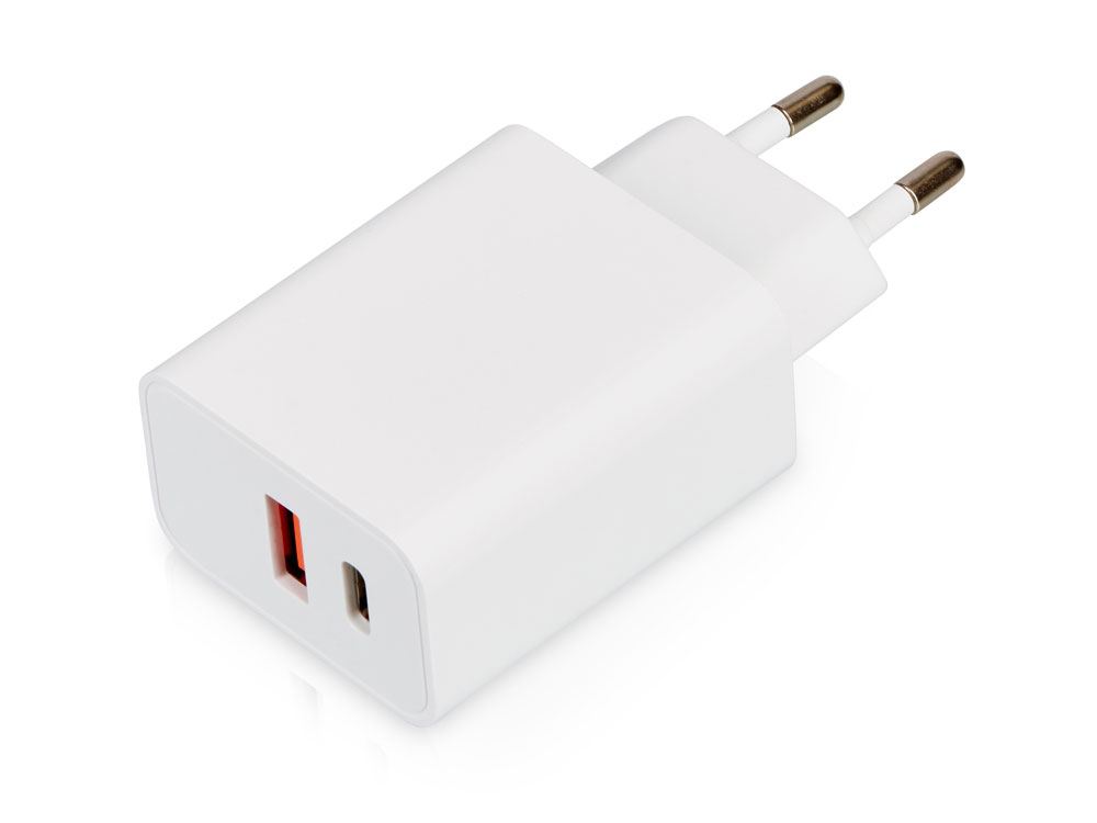 Сетевое зарядное устройство c выходами USB-A и USB-C и быстрой зарядкой QC/PD Recharger Pro, 30 Вт с логотипом Evolt | Print Logo