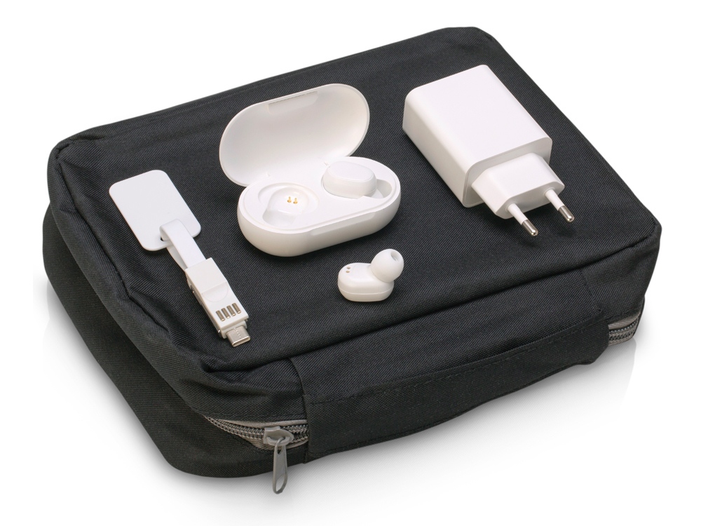 Набор для путешествий с наушниками, адаптером и универсальным кабелем Take me с логотипом  | Print Logo