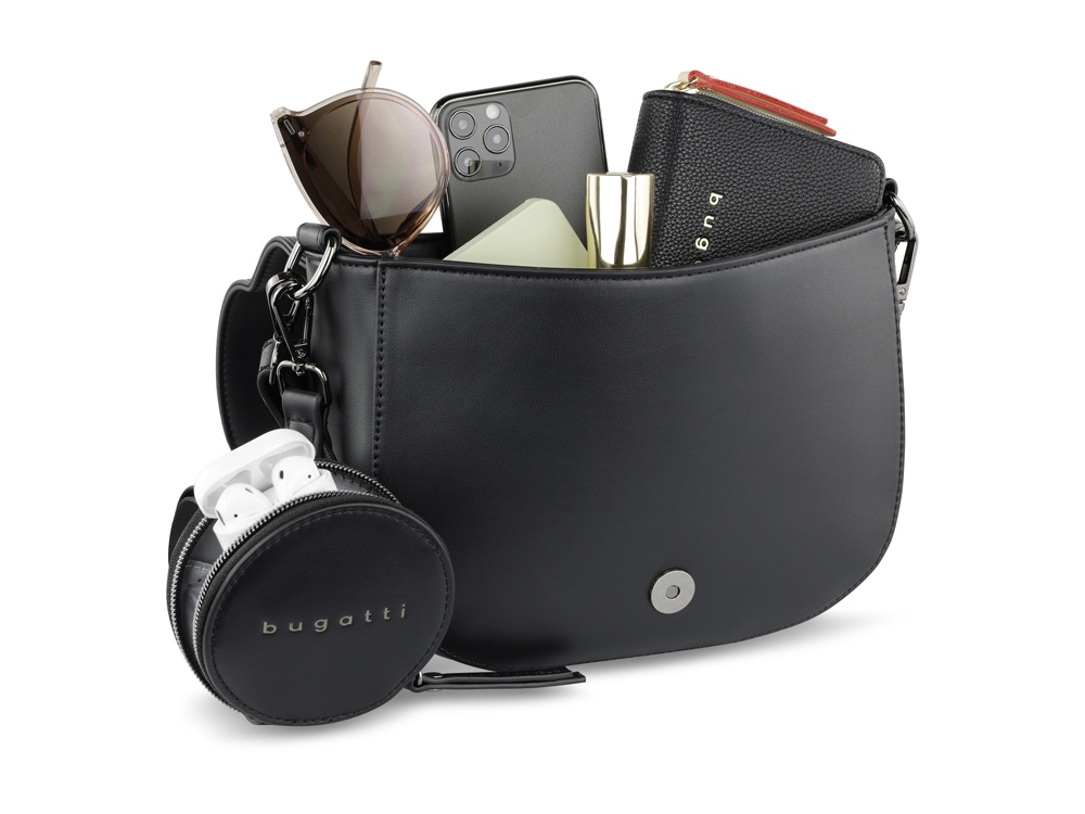 Сумка наплечная женская BUGATTI АЛМАТА | ALMATA, с кошельком, чёрная, полиуретан, 27х6х18,5 см