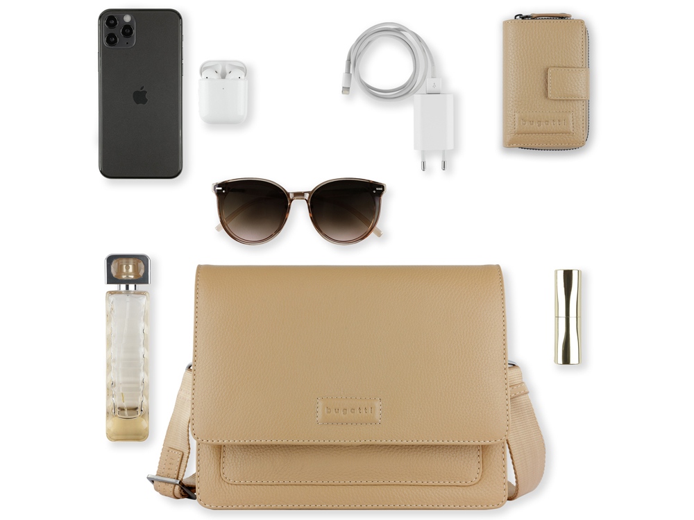 Сумка через плечо женская BUGATTI ЭЛЬЗА | ELSA, песочного цвета, воловья кожа/полиэстер, 25х8,5х20 см