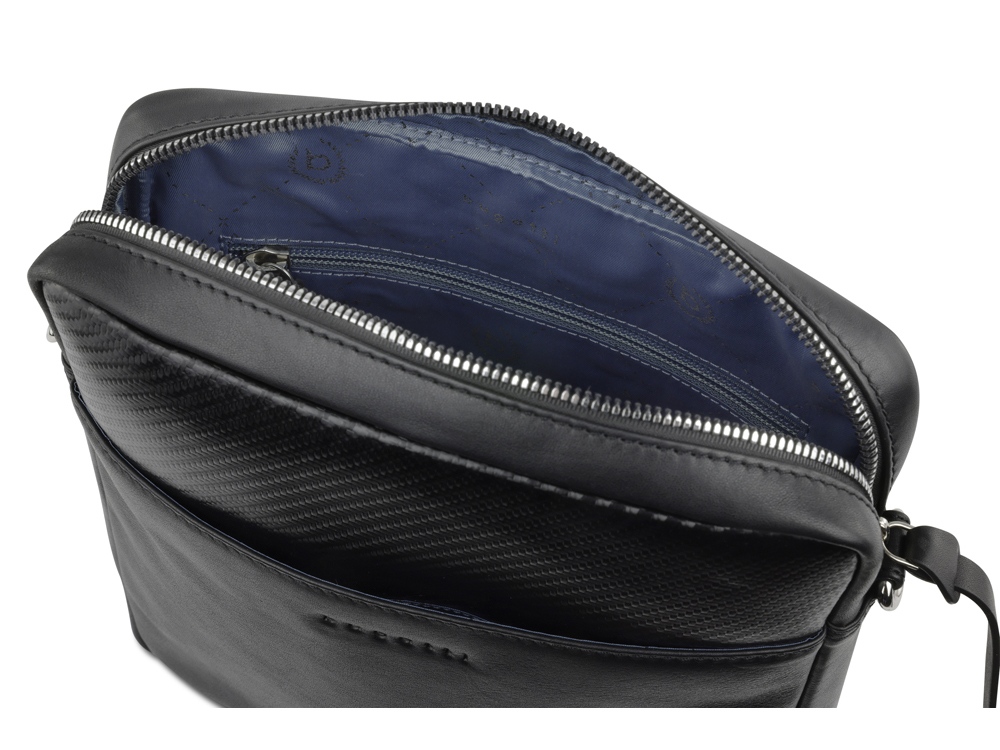 Сумка наплечная мужская BUGATTI КОМЕТА | COMET, чёрная, воловья кожа/полиэстер, 23,5х5х26 см