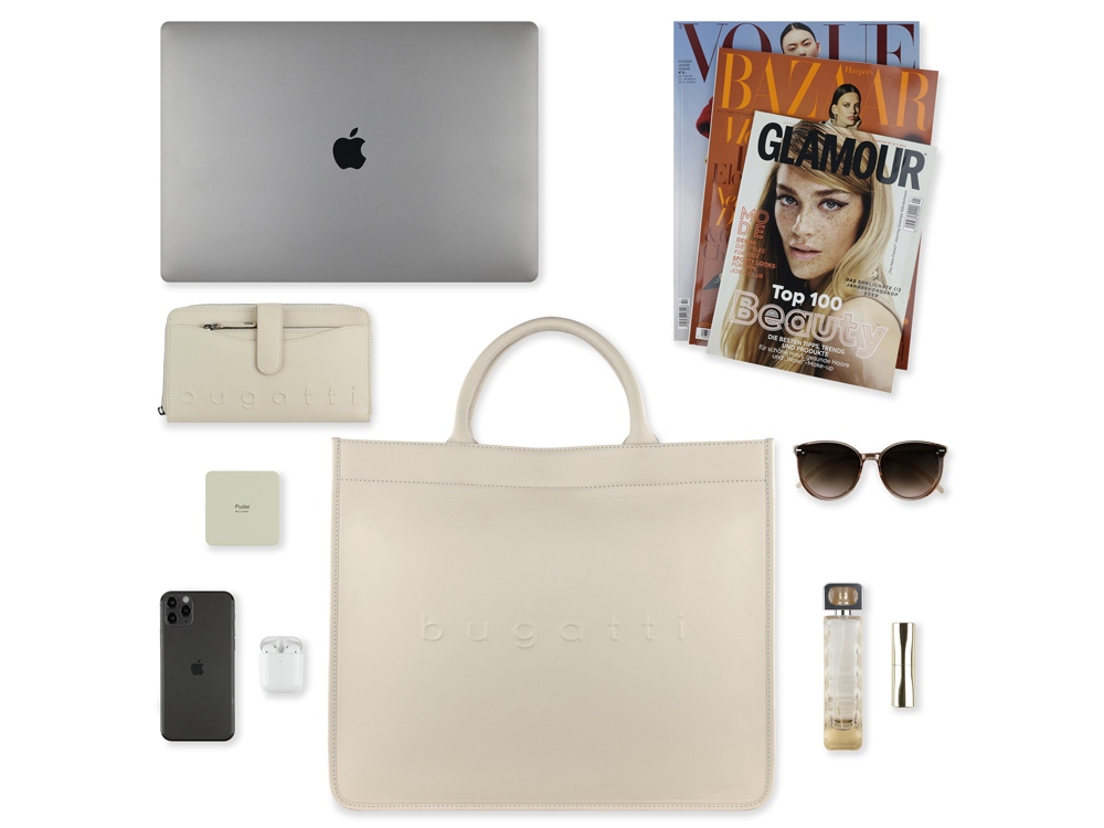 Сумка-тоут женская BUGATTI Daphne, бежевый цвет, воловья кожа/полиэстер, 41х15х34,5 см