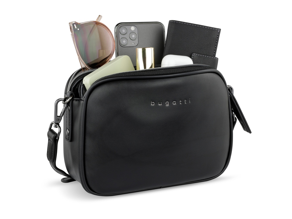 Сумка кросс-боди женская BUGATTI АЛМАТА | ALMATA, чёрная, полиуретан, 21,5х6х15 см