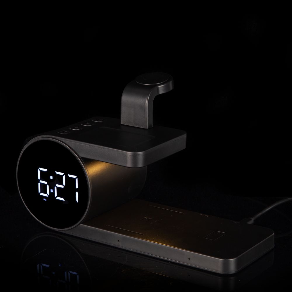 Станция беспроводной зарядки с часами fullStack — пример нанесения логотипа (Indivo) | Print Logo