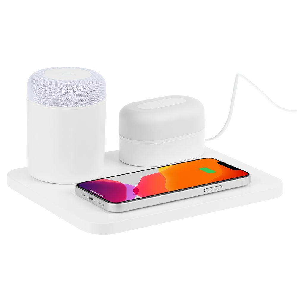 Станция беспроводной зарядки с колонкой и ночником Trilogy с логотипом Uniscend | Print Logo