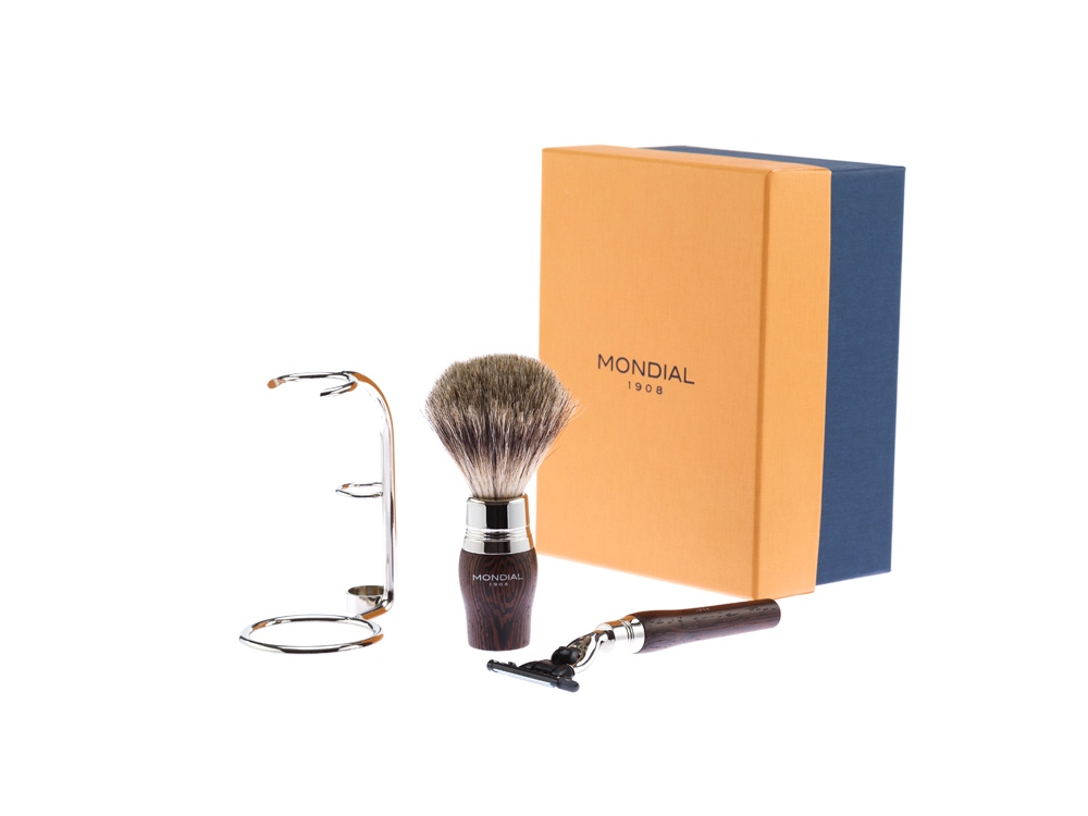 Бритвенный набор Mondial: станок MACH3, помазок, подставка; дерево Венге