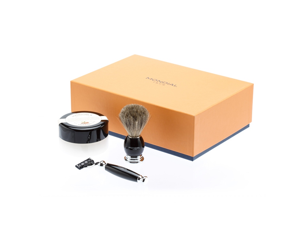 Бритвенный набор: станок MACH3, помазок, крем для бритья Mandorla с логотипом MONDIAL | Print Logo