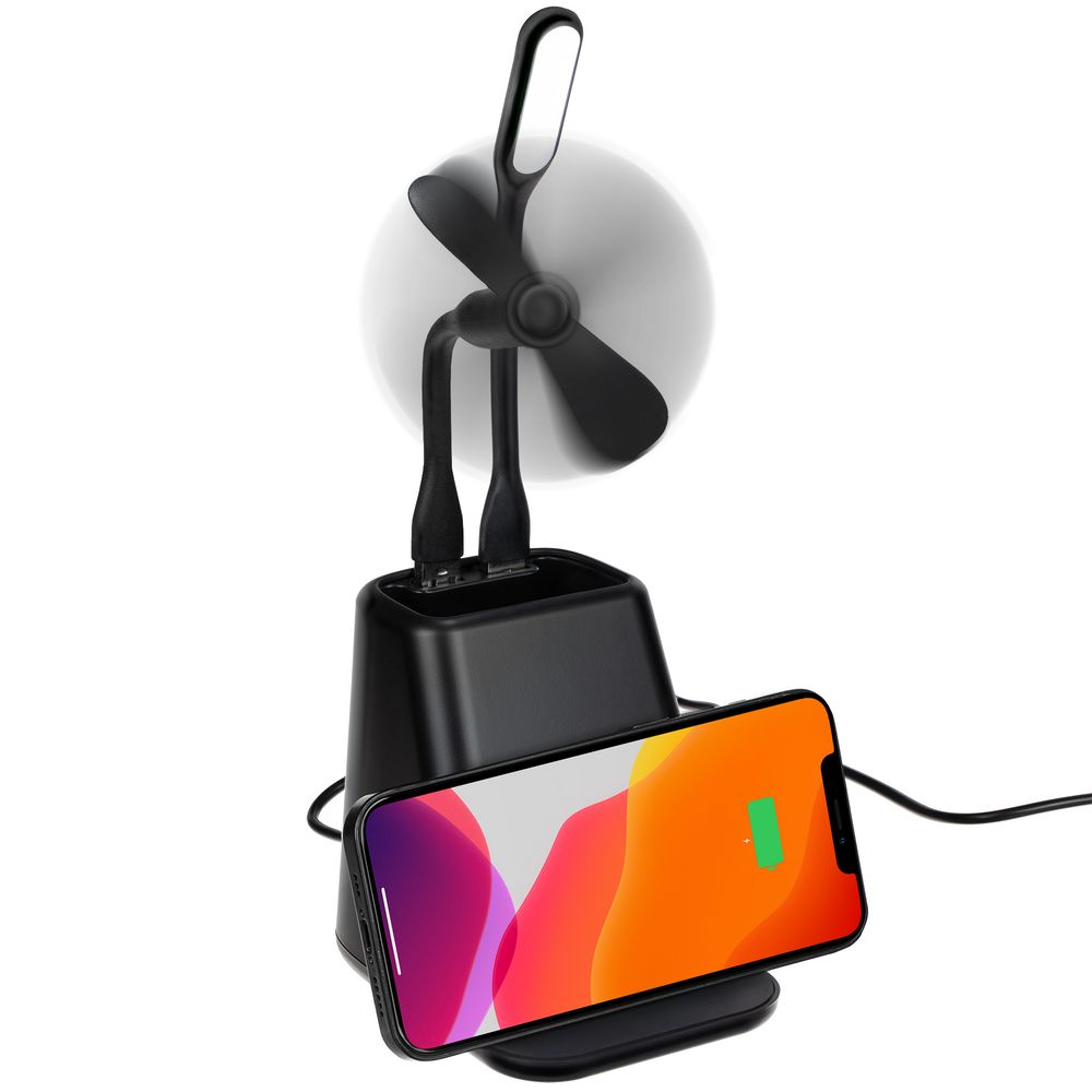 Настольный органайзер с зарядкой, лампой, вентилятором и подсветкой логотипа powerTower с логотипом Indivo | Print Logo