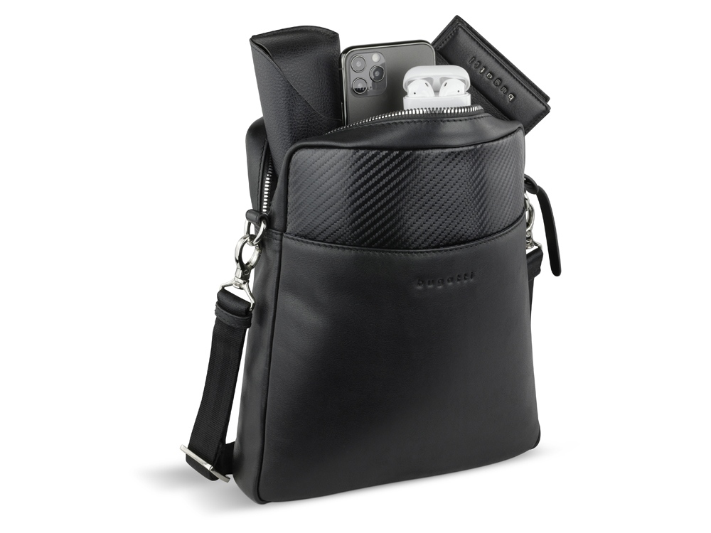 Сумка наплечная мужская BUGATTI КОМЕТА | COMET, чёрная, воловья кожа/полиэстер, 23,5х5х26 см