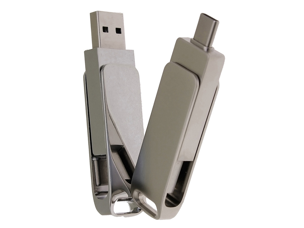 USB 2.0- флешка на 16 Гб поворотный механизм 2 в 1, c дополнительным разъемом Type-C с одноцветным металлическим клипом, серебристый
