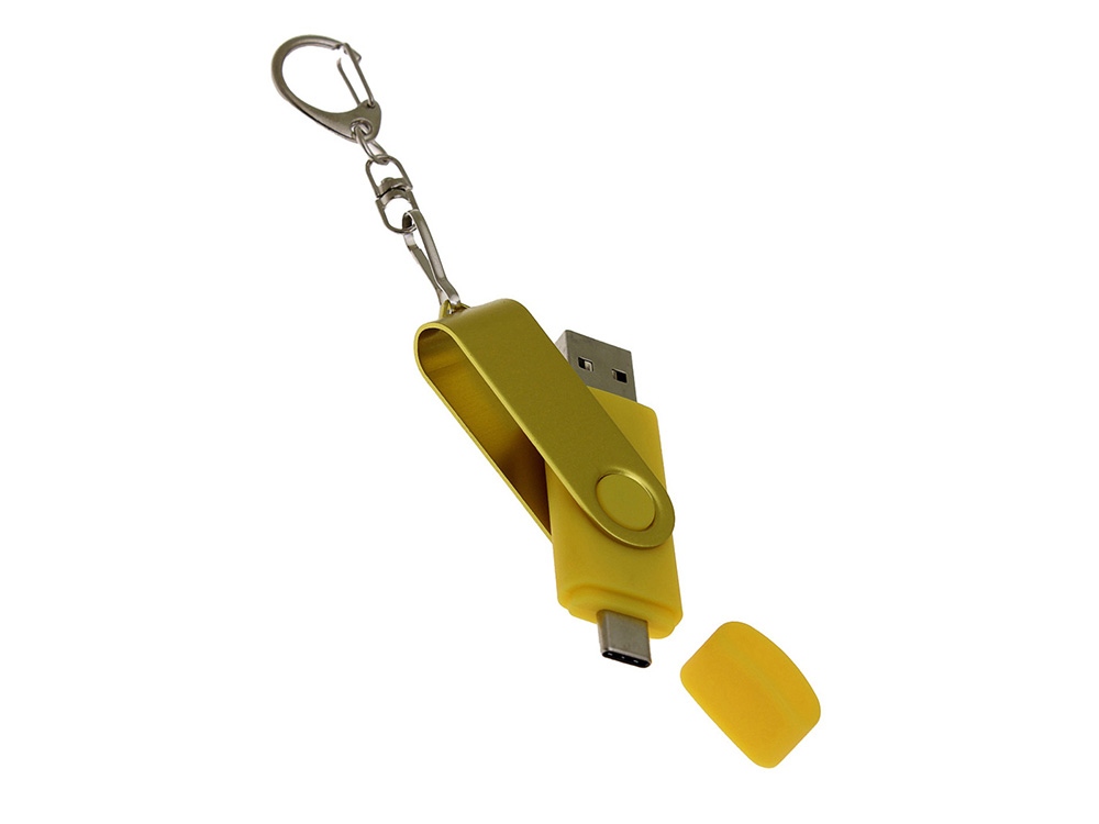 USB-флешка на 8 Гб 2 в 1 поворотный механизм, c дополнительным разъемом Type-C с одноцветным металлическим клипом, желтый