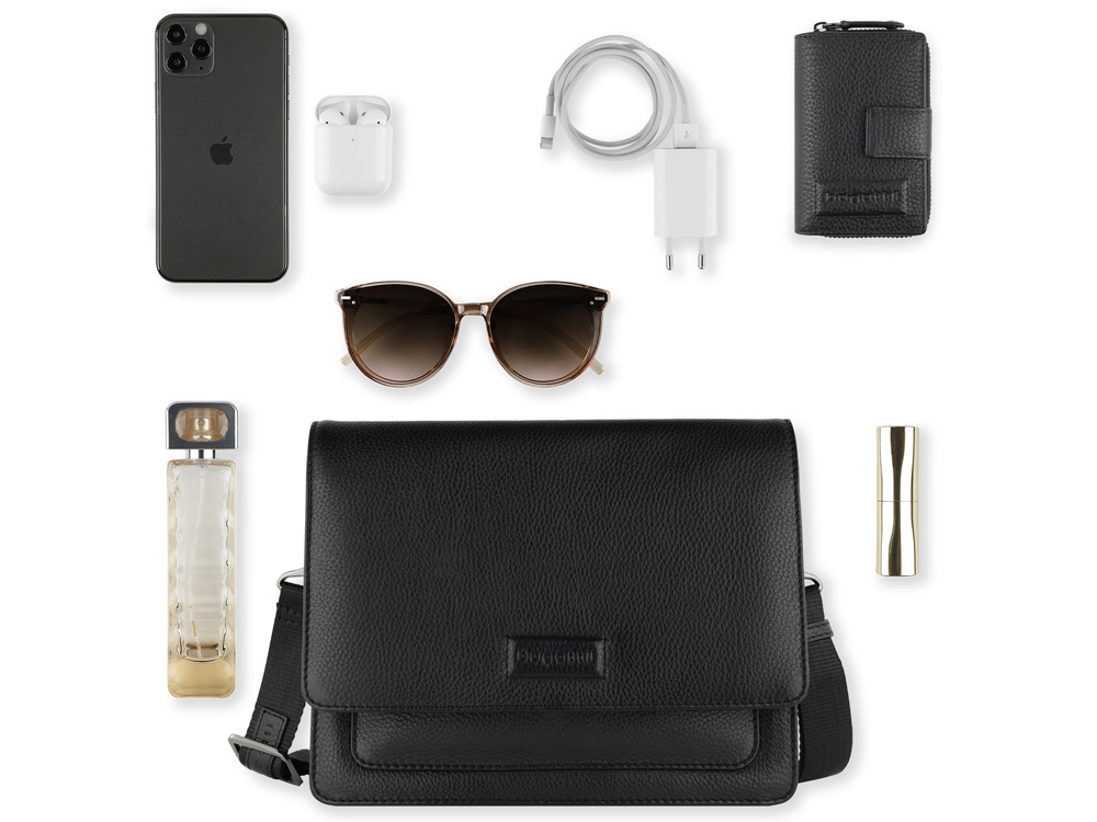 Сумка через плечо женская BUGATTI ЭЛЬЗА | ELSA, чёрная, воловья кожа/полиэстер, 25х8,5х20 см