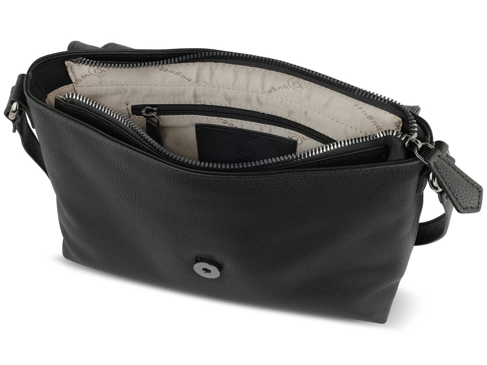 Сумка наплечная женская BUGATTI БЕЛЛА | BELLA, чёрная, воловья кожа/полиэстер, 25х8х20 см