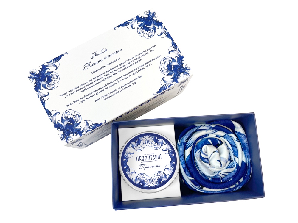 Набор: платок Гжель и свеча Птица счастья с логотипом Русские в моде | Print Logo