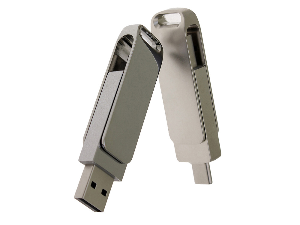 USB 2.0- флешка на 16 Гб поворотный механизм 2 в 1, c дополнительным разъемом Type-C с одноцветным металлическим клипом, серебристый