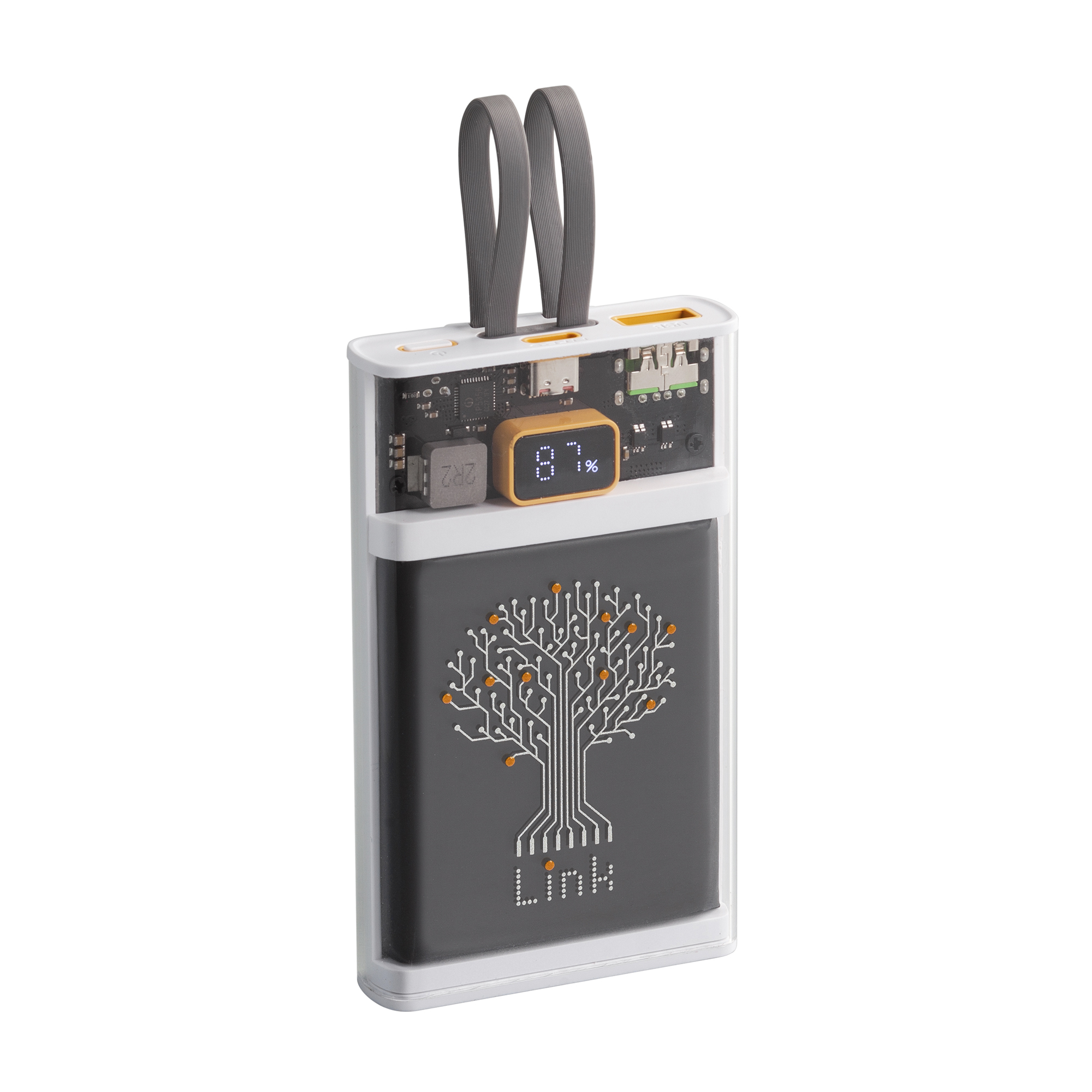 Зарядное (22.5W) устройство "Link" 10000 mAh с прозрачным корпусом, цифровым индикатором заряда и встроенными Type-C/Lightning кабелями фото на сайте Print Logo.