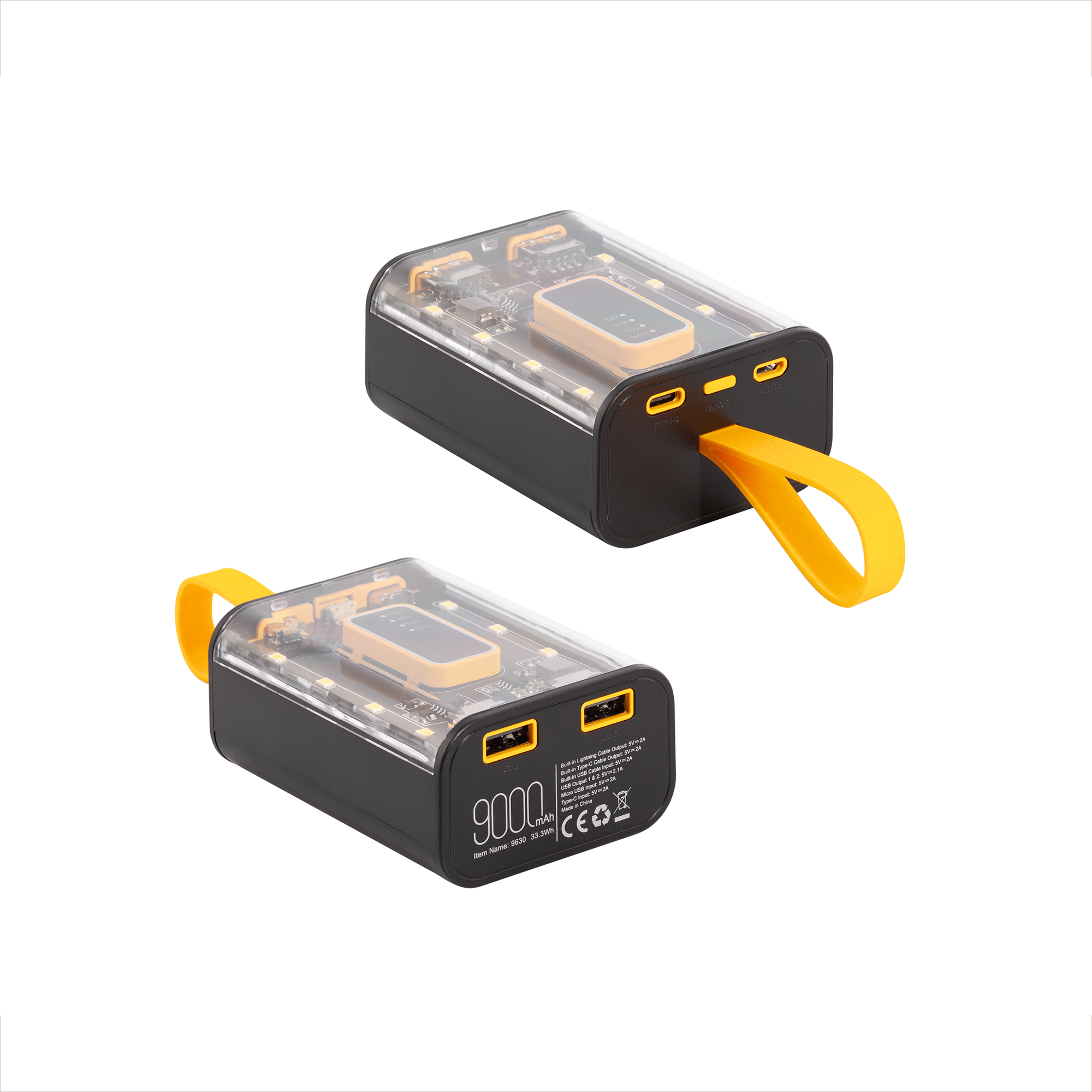 Зарядное устройство "Shine" 9000 mAh с LED-подсветкой, встроенными кабелями Type-C/Lightning/USB фото на сайте Print Logo.