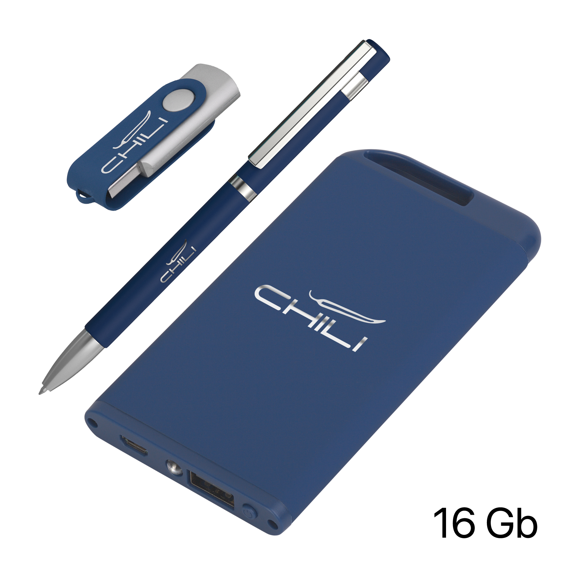 Набор ручка + флеш-карта 16Гб + зарядное устройство 4000 mAh в футляре, soft touch, темно-синий
