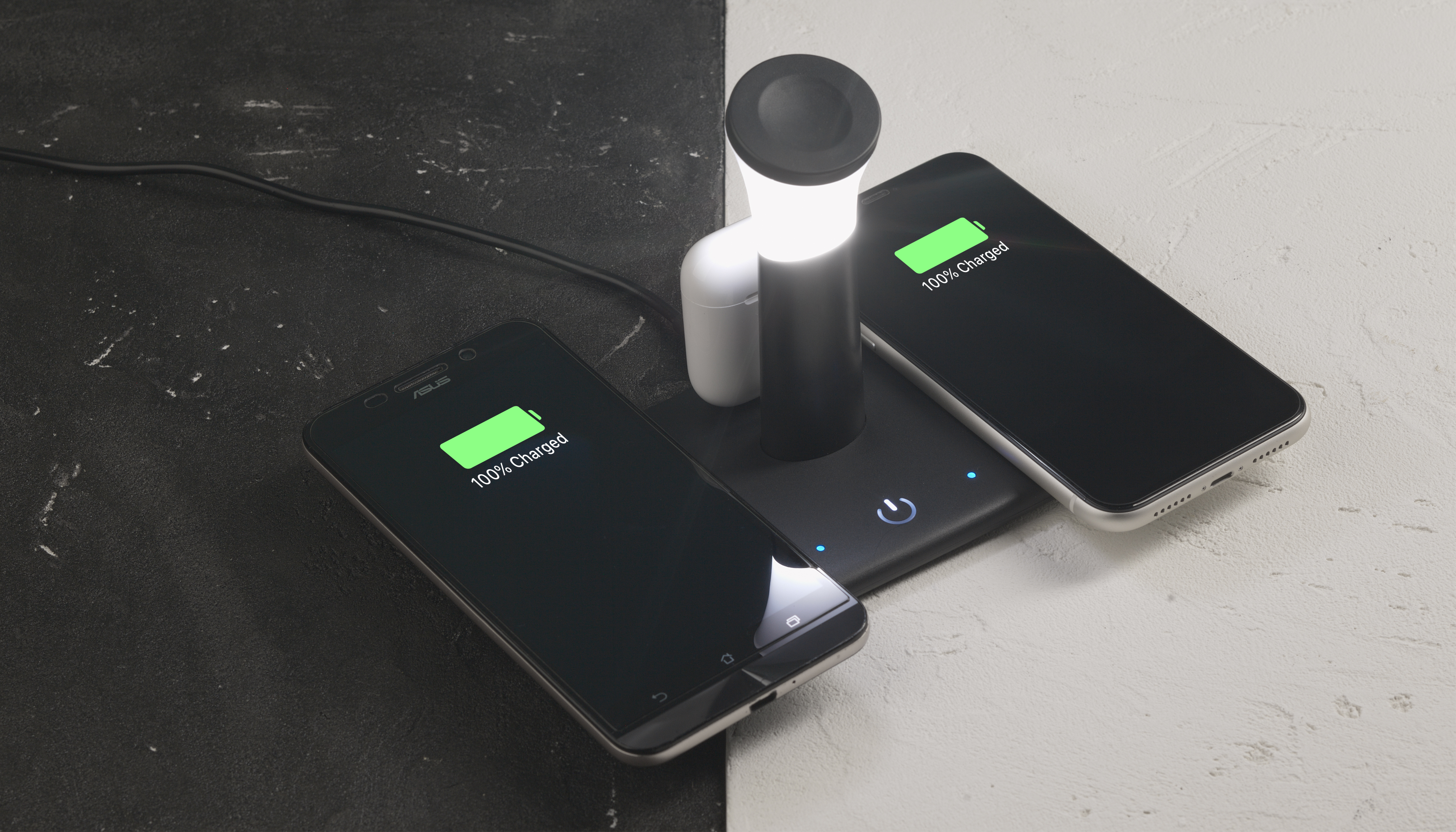 Настольная беспроводная (15W) зарядная станция "Bridge" для часов, наушников, смартфонов, с лампой, черный