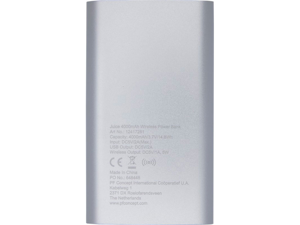 Беспроводное портативное зарядное устройство емкостью 4000 мАч Juice, серебристый