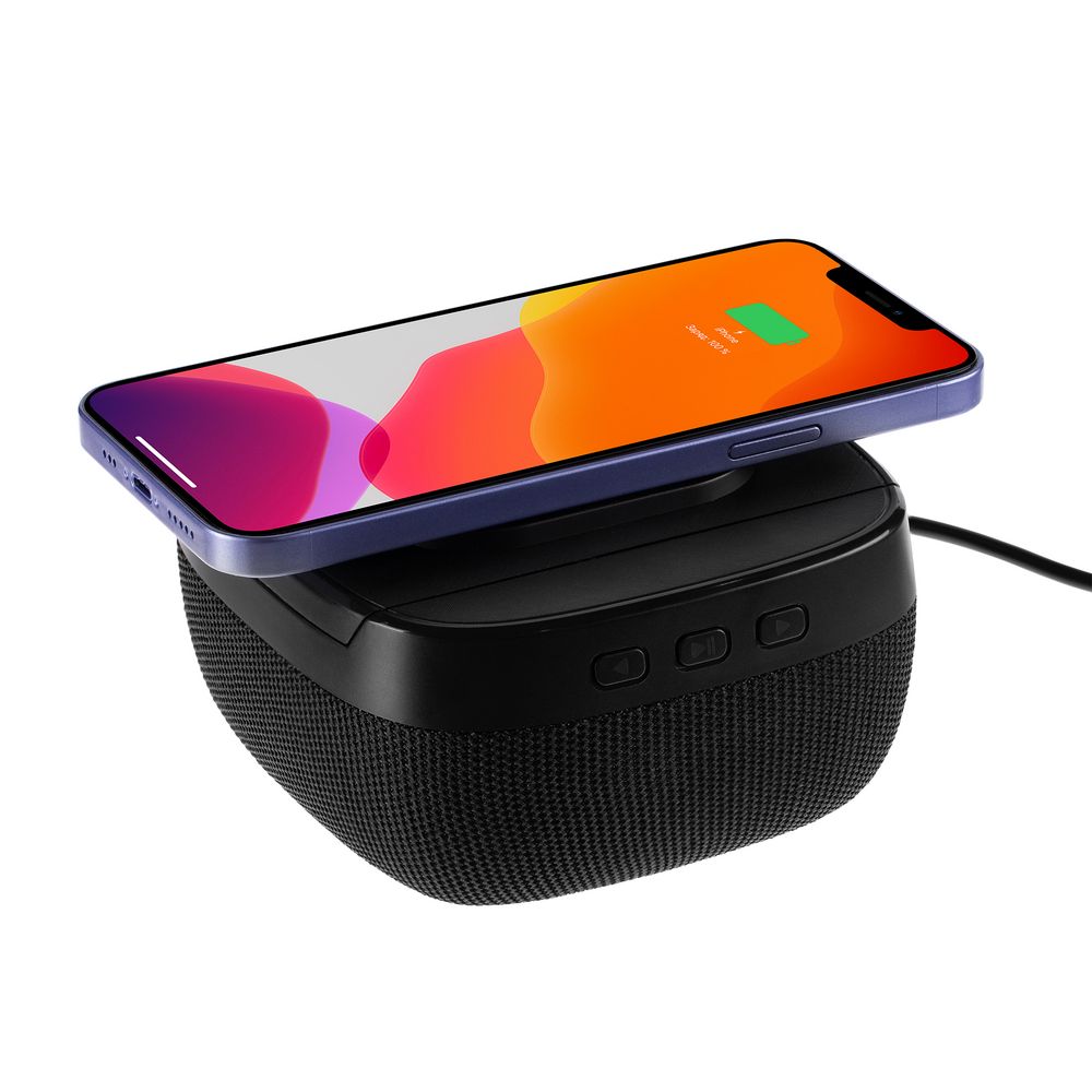 Колонка с беспроводной зарядкой Esca и подсветкой логотипа фото на сайте Print Logo.