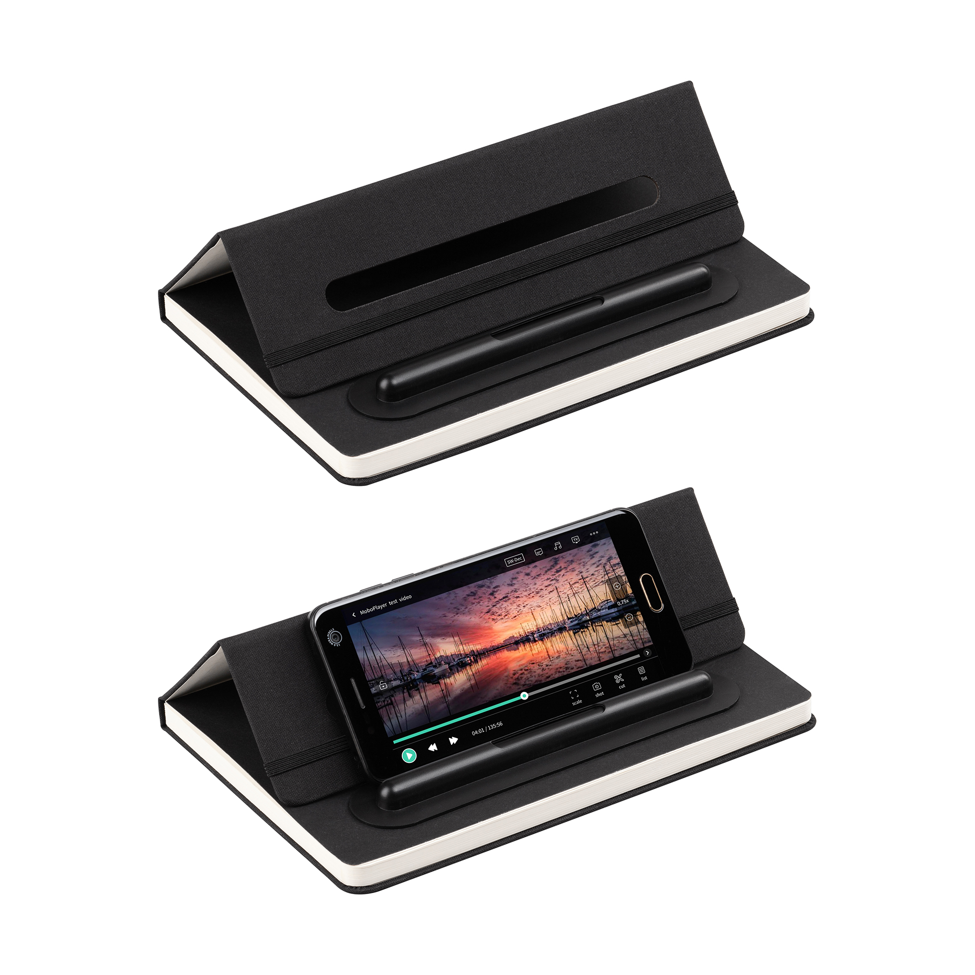 Блокнот "Prime" с ручкой и вечным карандашом в пенале, с подставкой под смартфон, черный