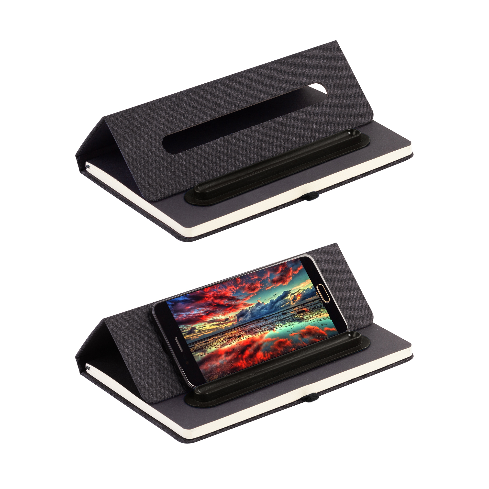 Блокнот "Magnet" с ручкой Ray на магните, с подставкой под смартфон, черный