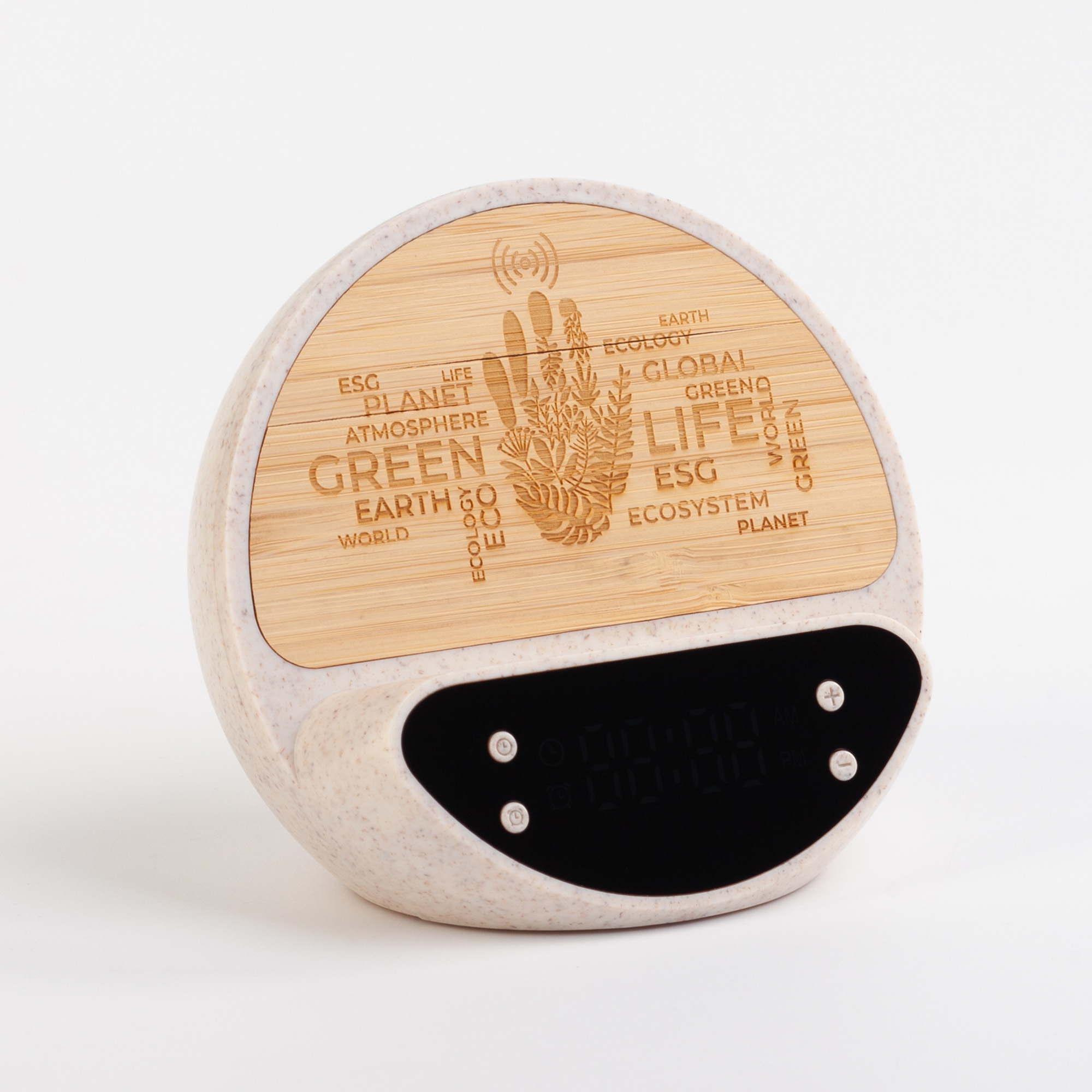 Настольные часы "Smiley" с беспроводным (10W) зарядным устройством и будильником, пшеница/бамбук/пластик, бежевый