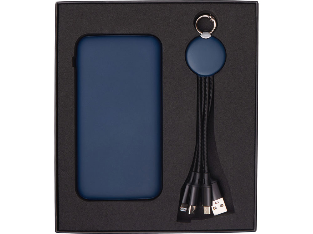 Набор из внешнего акуумулятора и универсального кабеля с подсветкой лого Reserve LED, 10000mAh, темно-синий