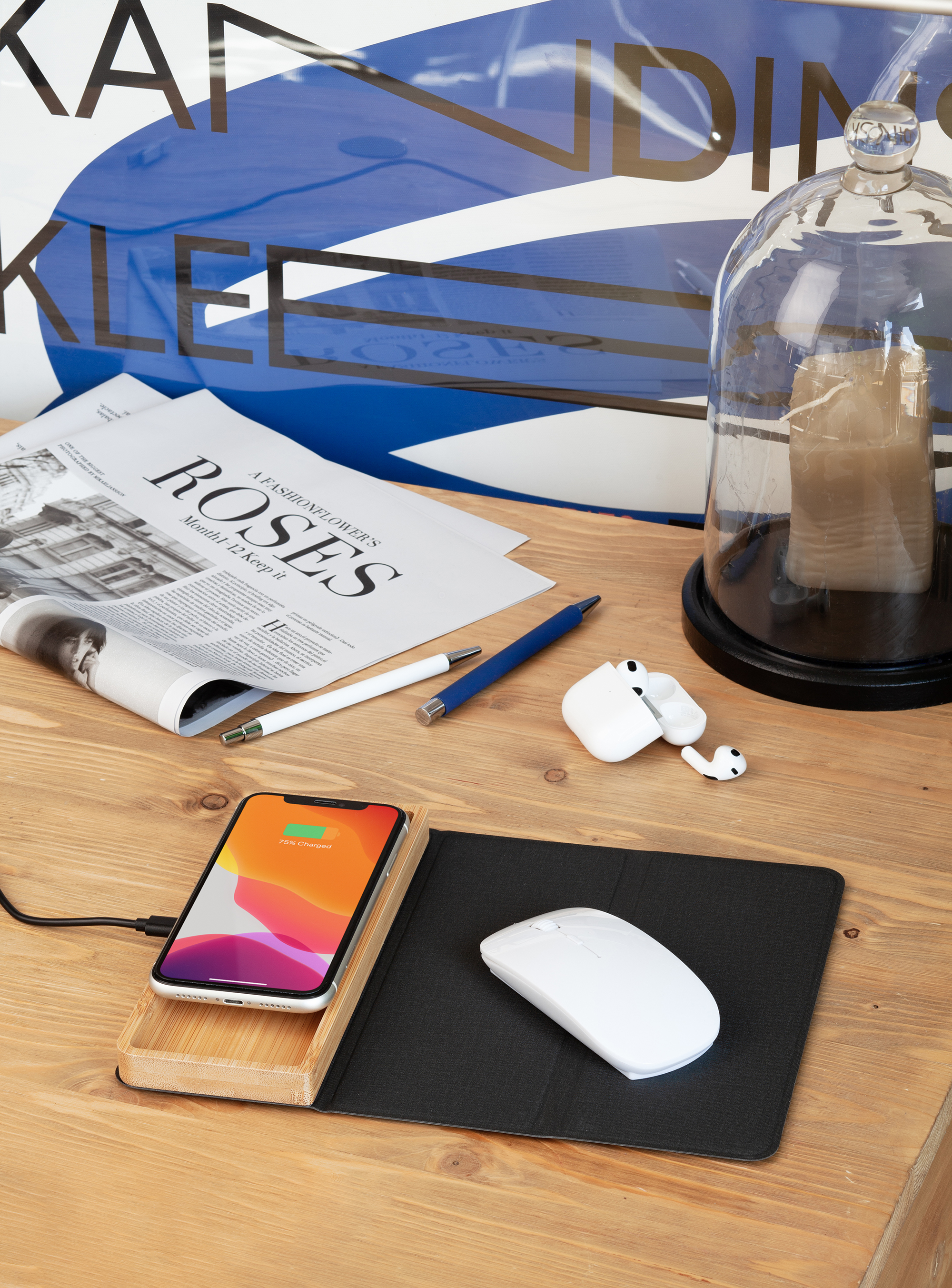 Коврик-трансформер с органайзером на магнитах с беспроводным (15W) ЗУ с подсветкой логотипа, черный с бежевым