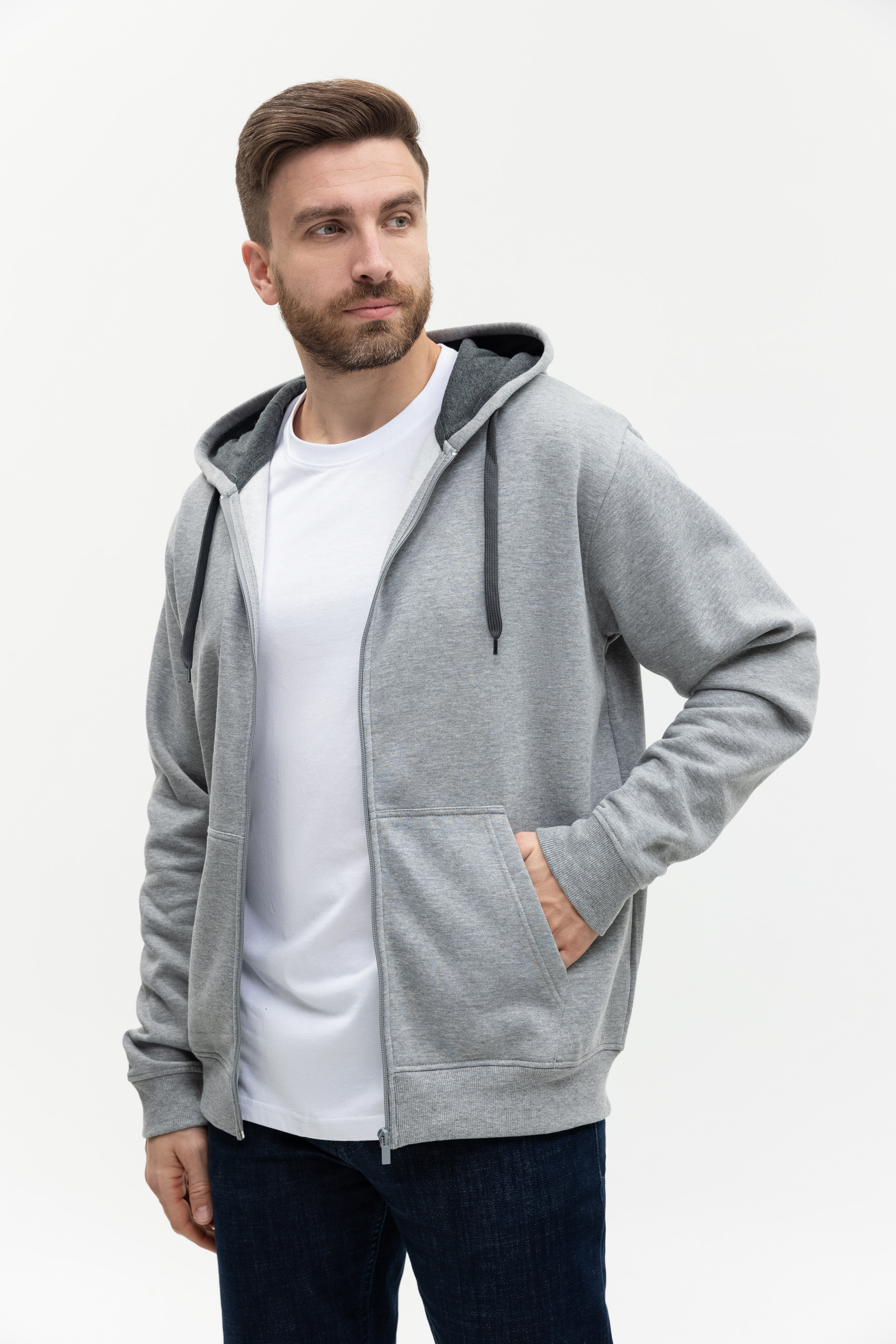 Толстовка мужская STAN с капюшоном на молнии футер с начёсом 280, 17, Серый меланж,  (50/60)  (52/XL)