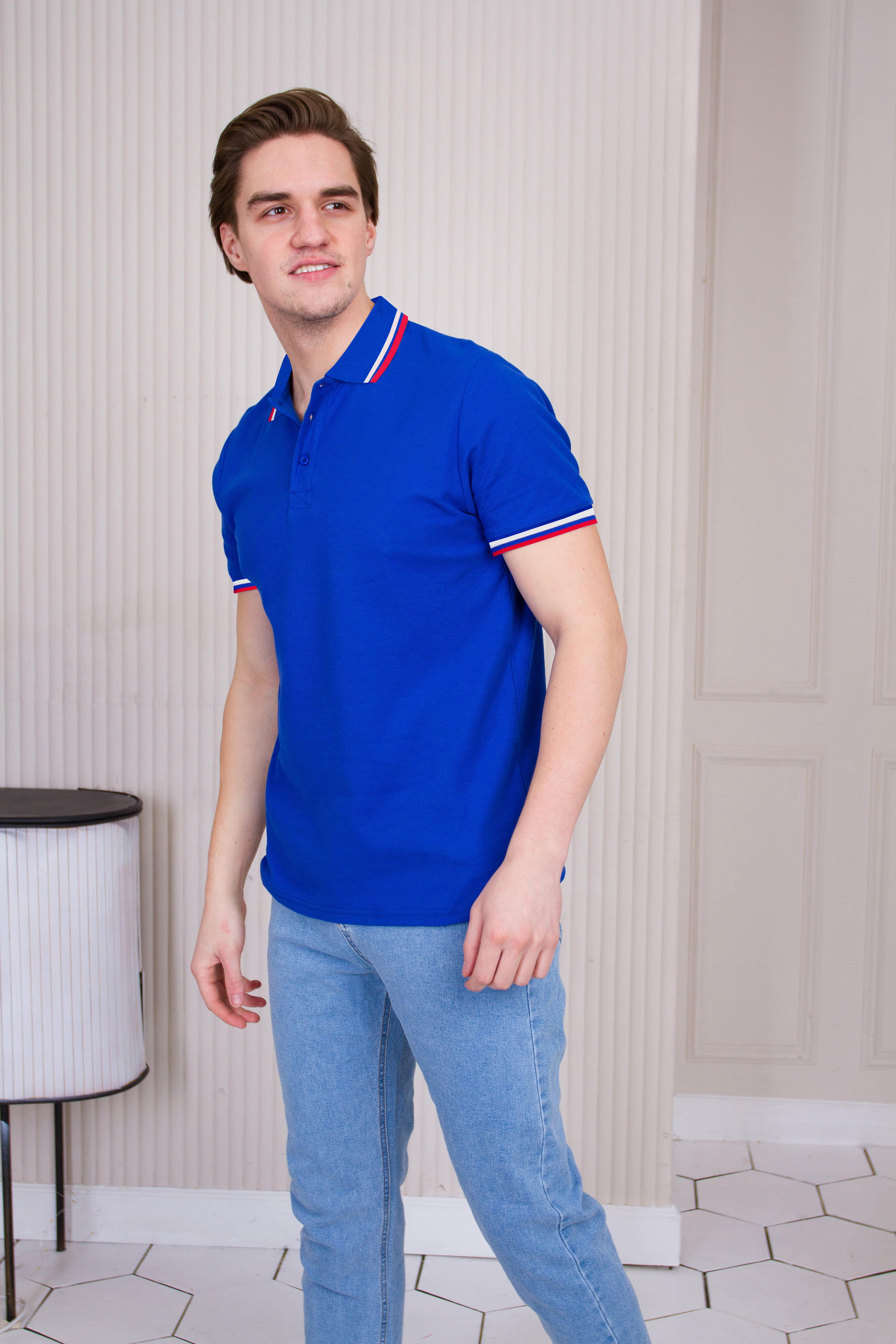 Рубашка поло мужская триколор STAN хлопок/полиэстер 185, 04RUS, Красный,  (14)  (48/M)