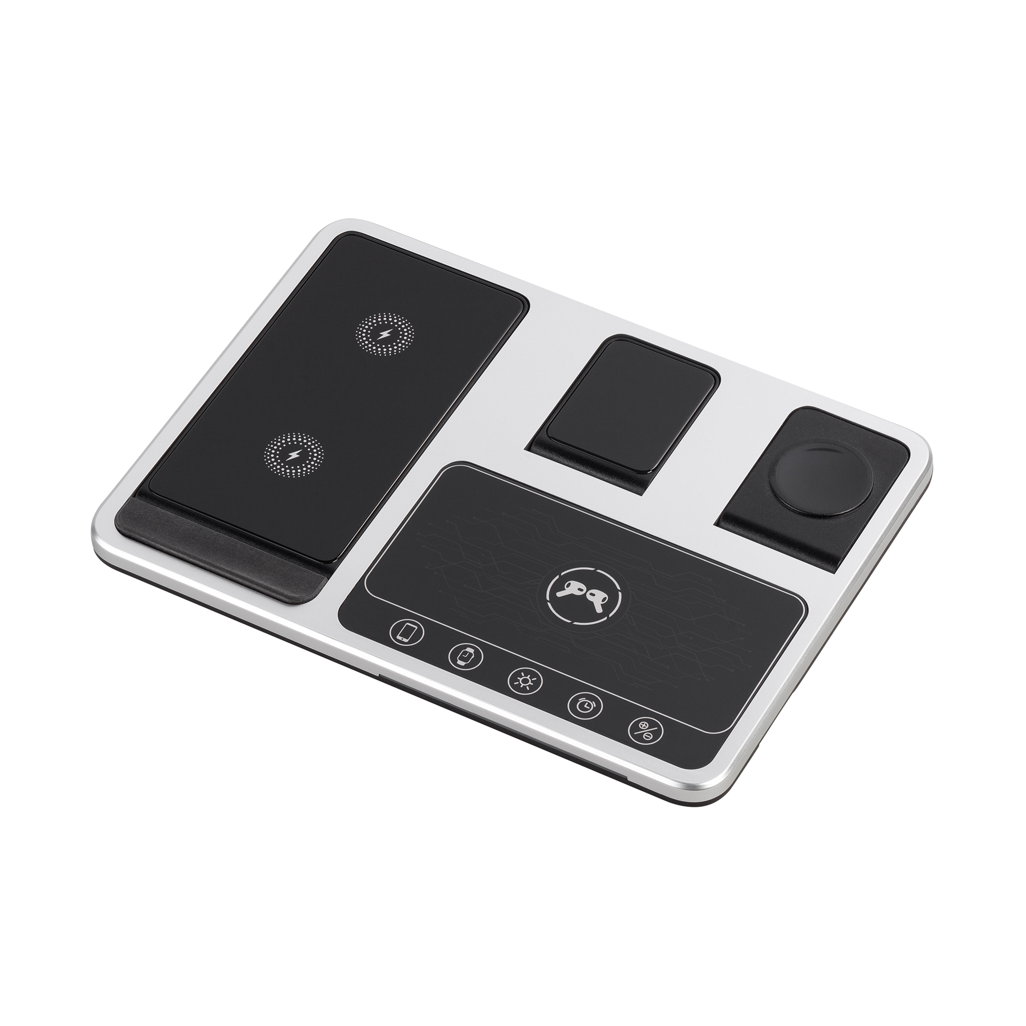 Беспроводная (15W) зарядная станция "Smart Lift" с сенсорным подъёмным механизмом, часами и ночной подсветкой фото на сайте Print Logo.