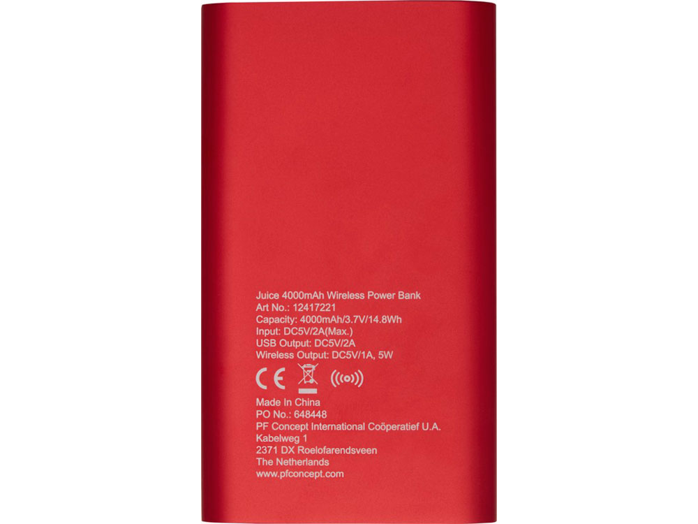 Беспроводное портативное зарядное устройство емкостью 4000 мАч Juice, красный