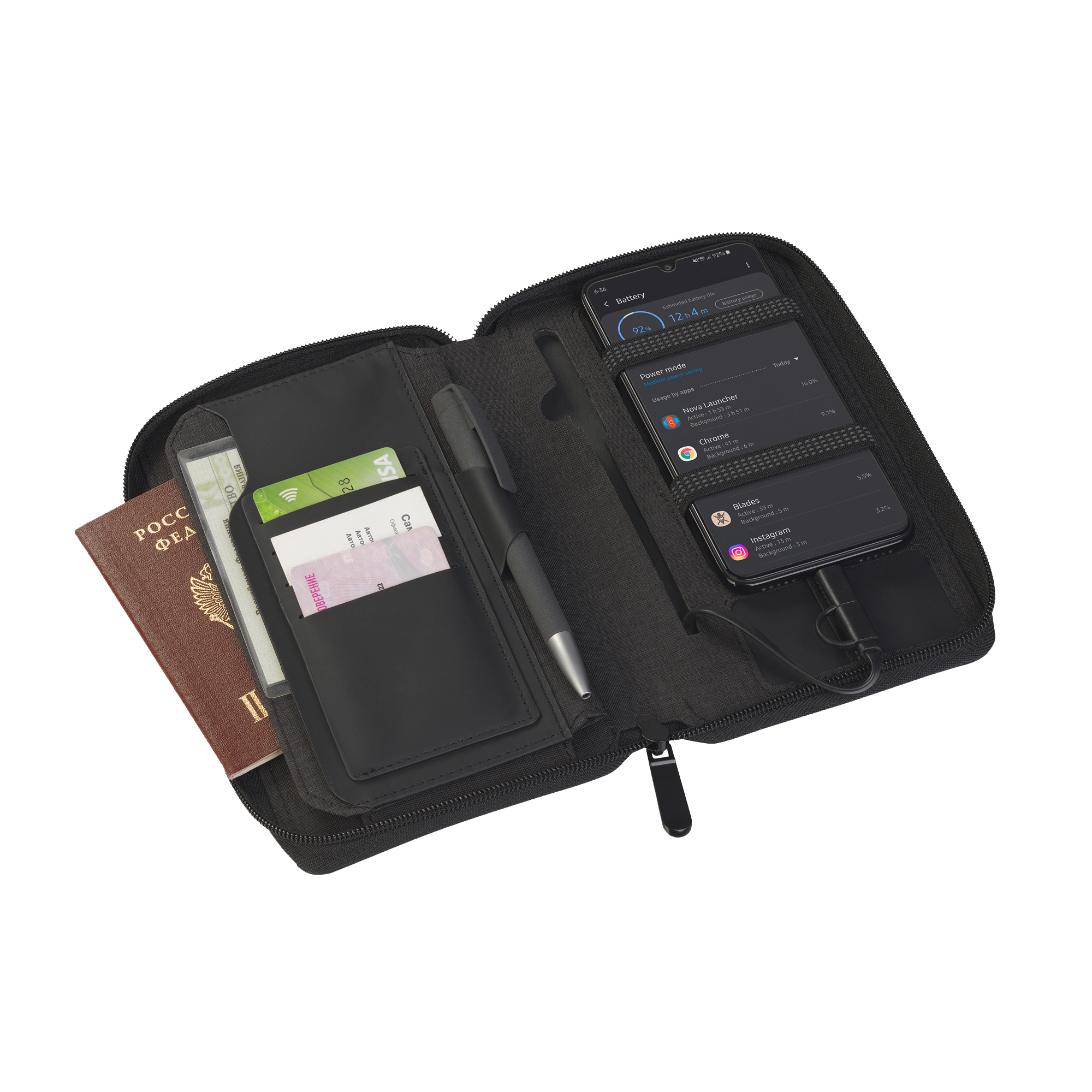 Дорожный органайзер с беспроводным зарядным устройством 4000 mAh, черный