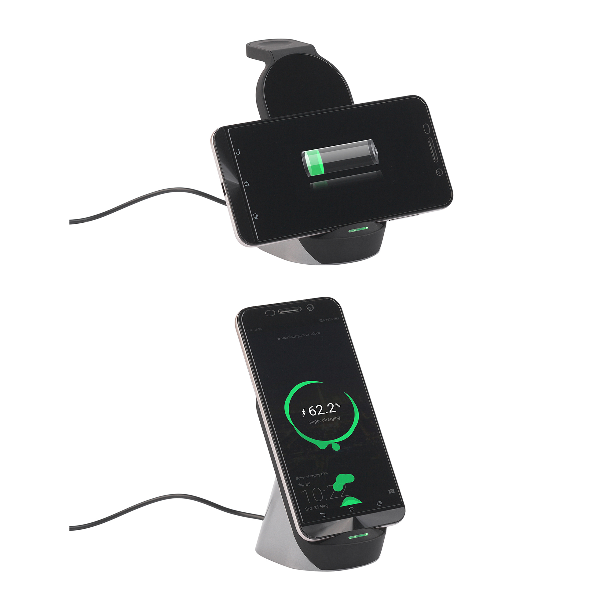 Настольная беспроводная (15W) зарядная станция "Tower" для часов, наушников, смартфона, с подсветкой логотипа и адаптером 18W, черный с серым